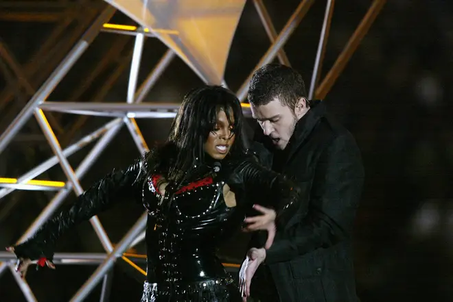 Janet Jackson and Justin Timberlake perform during the halftime show at Super Bowl XXXVII in 2004.