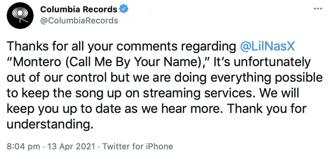 Columbia Records confirms Lil Nas X's track may be removed from streaming services.