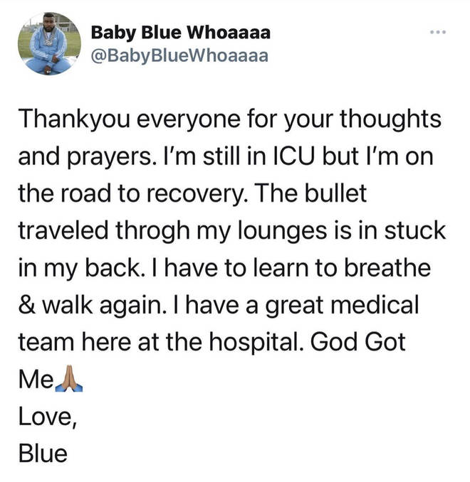 Baby Blue releases statement on his current condition on Thursday (Apr 22).