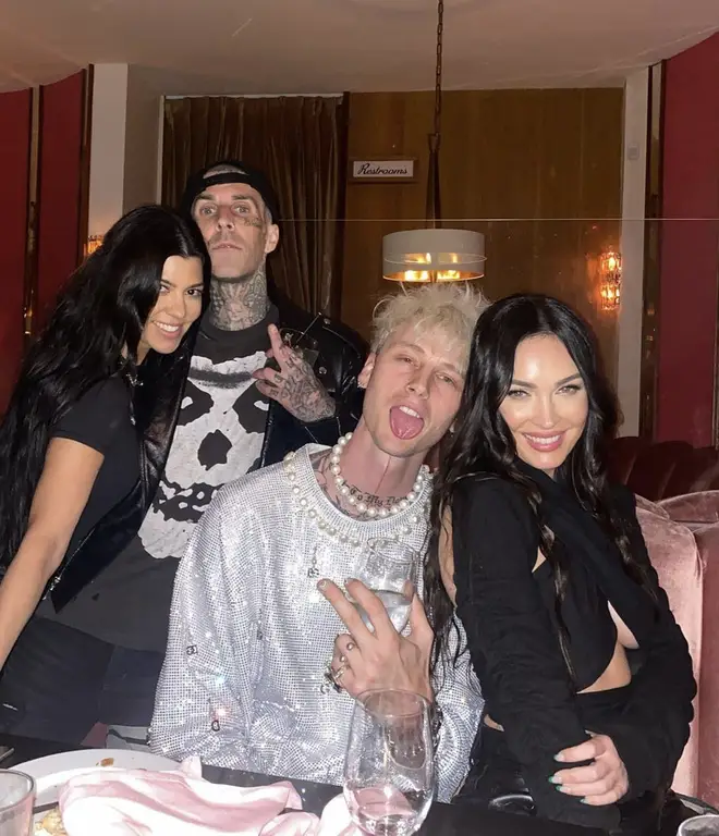 Kourtney Kardashian, Travis Barker, Machine Gun Kelly and Megan Fox pose for a cute couple duo photo.