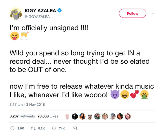 Iggy Azalea Announcing She Is No Longer Signed To A Record Label
