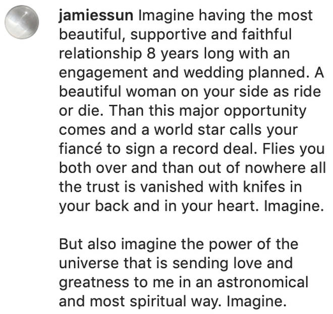 Naomi Sharon's ex-fiancé Jamie shares a statement on their break-up.
