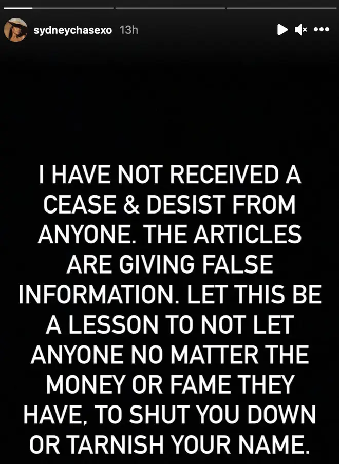 Sydney Chase claims she never received a cease-and-desist letter on Instagram.