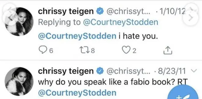 Chrissy Teigen tells Courtney Stodden she "hates" them in old tweets.