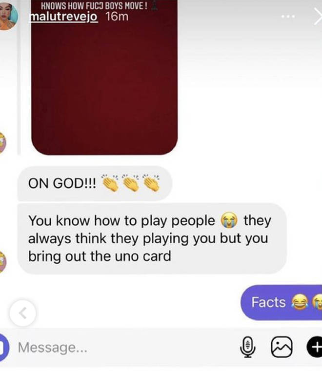 Malu shares a DM claiming she knows how to "play people" on her IG story.