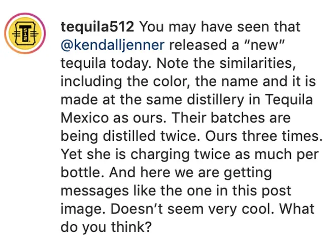 Tequila 512 releases a statement on the similarities and differences between their brand and Kendall Jenner's '818 Tequila'.