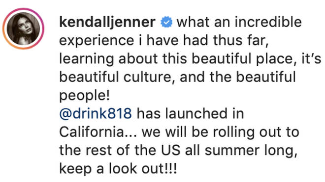 Kendall Jenner promotes her '818 Tequila' brand on Instagram, following her launch.