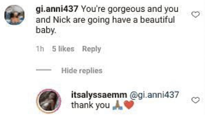 Alyssa replies to fan saying she will have a beautiful baby with Nick Cannon.