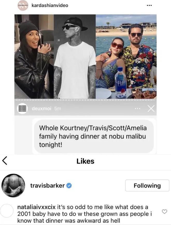 Travis Barker 'likes' savage comment about Scott Disick's girlfriend Amelia Hamlin.