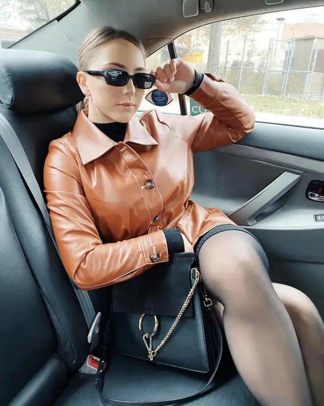 The Instagram sensation rocks a orange leather jacket along with her sophisticated outfit.