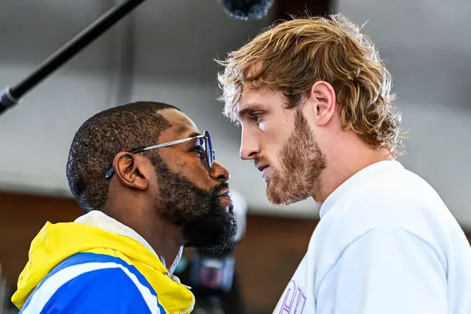 Floyd Mayweather and Logan Paul face-off during the media availability ahead of their June 6 exhibition boxing match