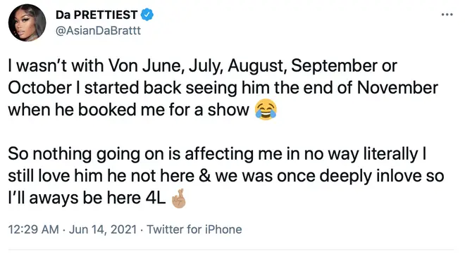 Asian Doll has refuted claims that Von cheated on her