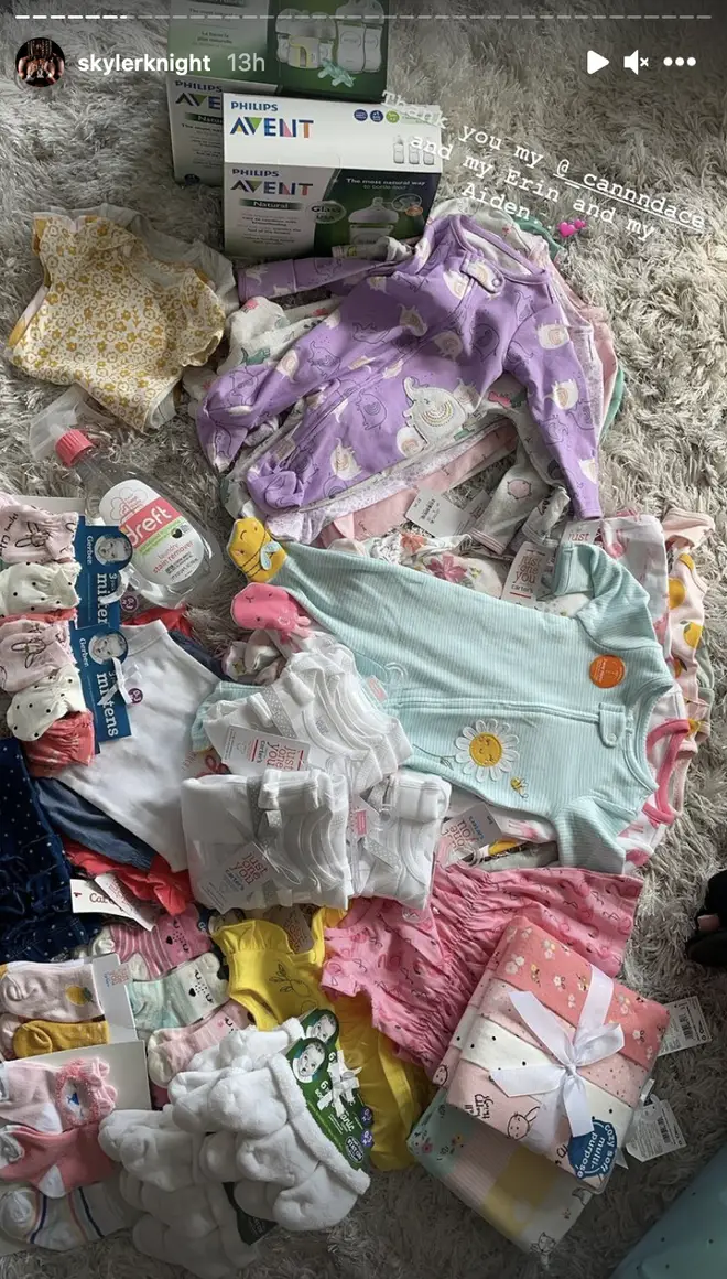 Skyler Knight shares a photo of the gifts she received from Kayla B at her baby shower.