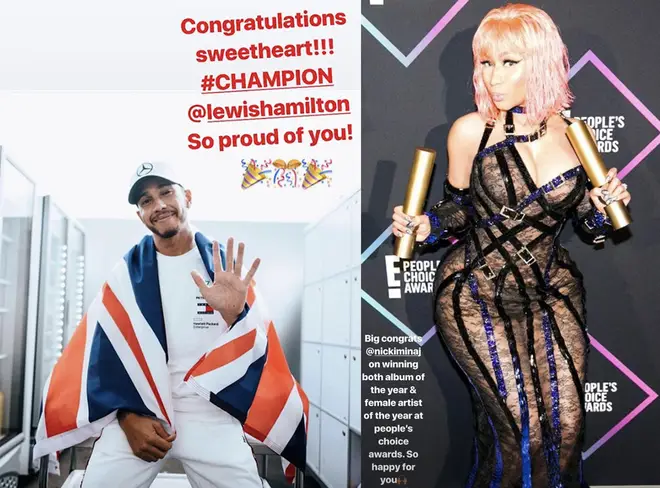 Nicki hailed Hamilton as her "champion", while Lewis said he was "so happy" for the rapper.