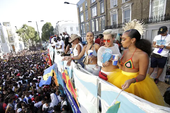 Courtney Rumbold (2ndR) and Leigh-Anne Pinnock attend the Red Bull Music x Mangrove truck at Notting Hill Carnival 2019.
