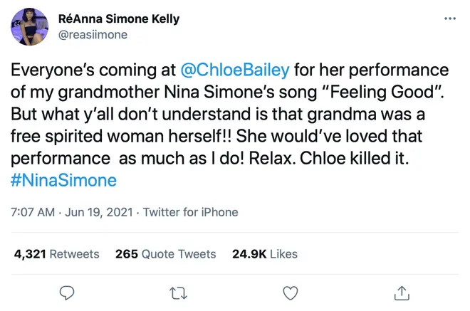 Nina Simone's granddaughter defended Chloe Bailey's performance