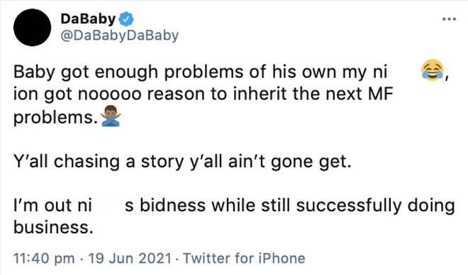 DaBaby tweets that he doesn't want to take on other people's problems.