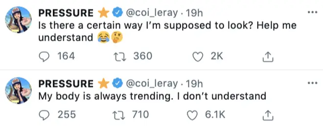 Coi Leray responds to people trolling her body on Twitter.