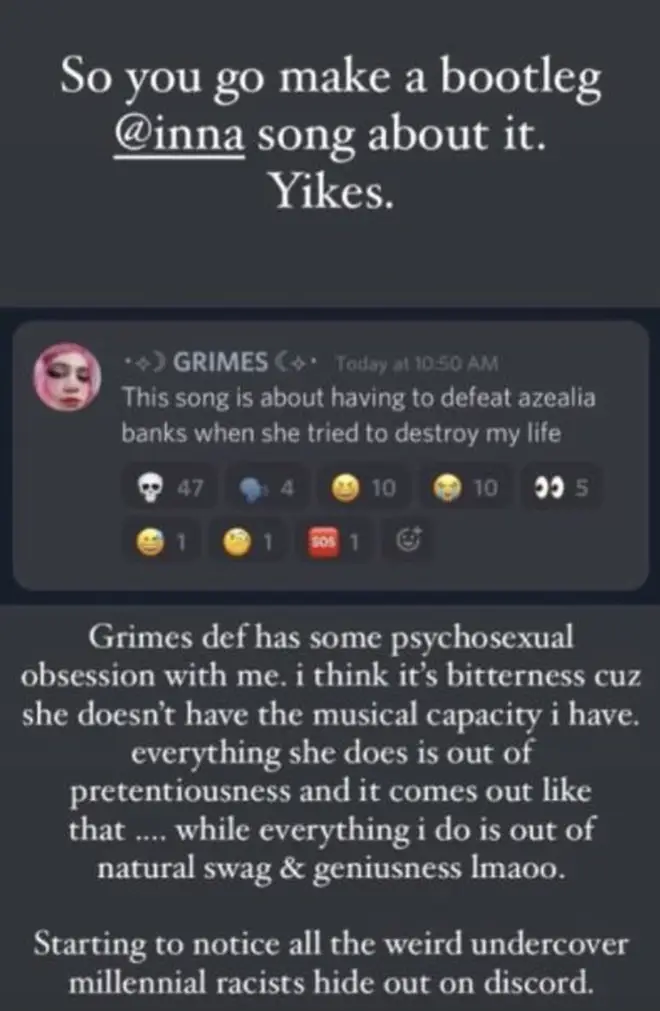 Azealia Banks speaks on Grimes claims she 'tried to destroy her life' on Instagram.