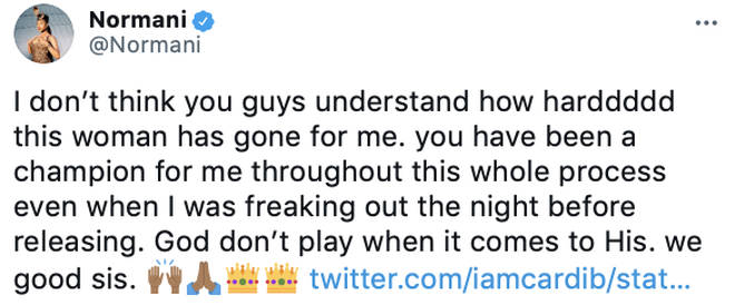 Normani pays tribute to Cardi B on Twitter