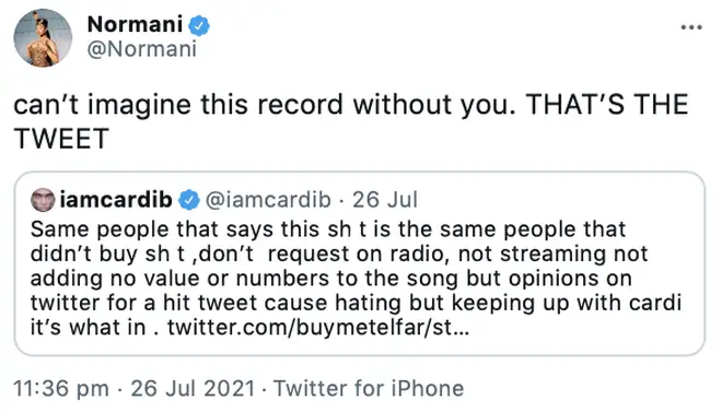 Normani lets her fans know her appreciation of Cardi B's collaboration on her track 'Wild Side'.