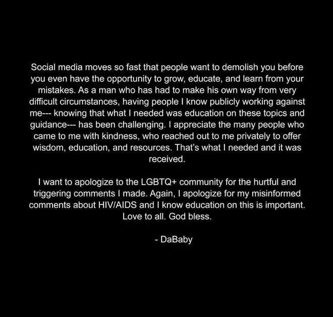 DaBaby apologises to the LGBTQ+ community following his homophobic comments.