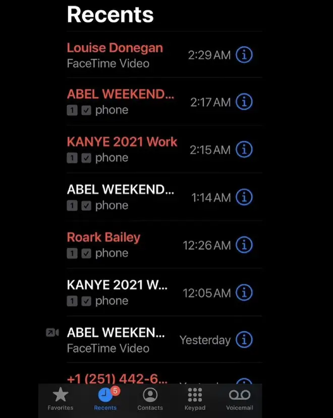 Kanye West shares a screenshot of his phone call list, showing The Weeknd and himself have been in talks.