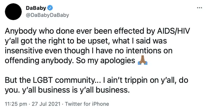 DaBaby doubles down on his homophobic comments in a tweet.