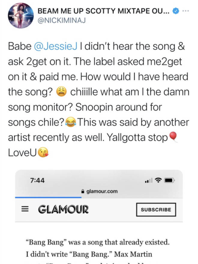 Nicki Minaj corrects Jessie J about the origins of their song "Bang Bang" in a shady tweet.