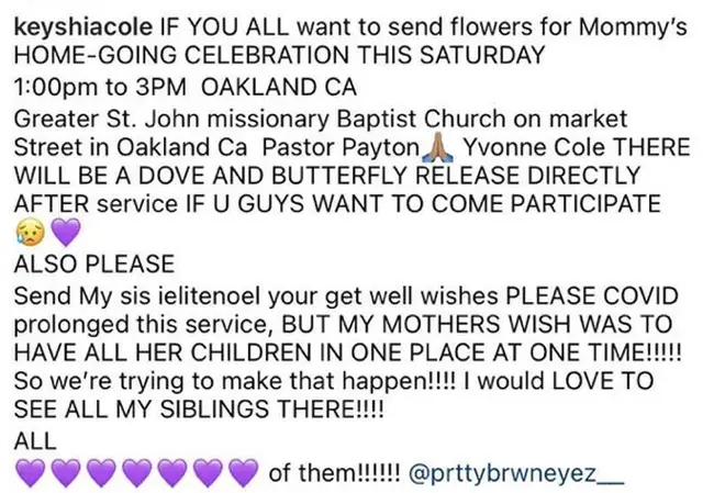 Keyshia Cole announces home-going celebration for her late mother.