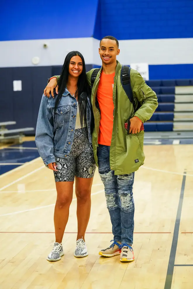 Johanna Leia (L) and son Amari Bailey (R) pose for a photo after the Sierra Canyon vs Mayfair game in Jan 2019.