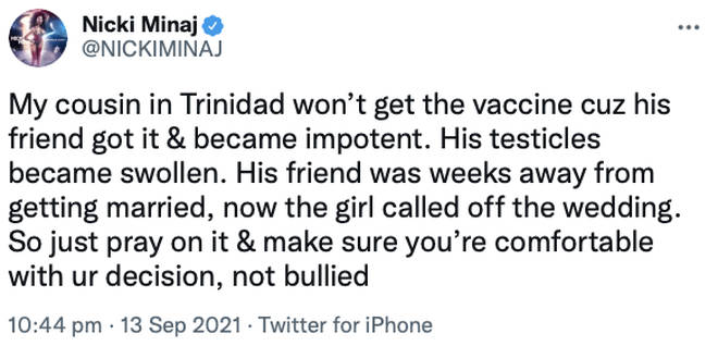 Nicki Minaj encourages fans to be comfortable with their COVID-19 vaccine decision and not bullied.