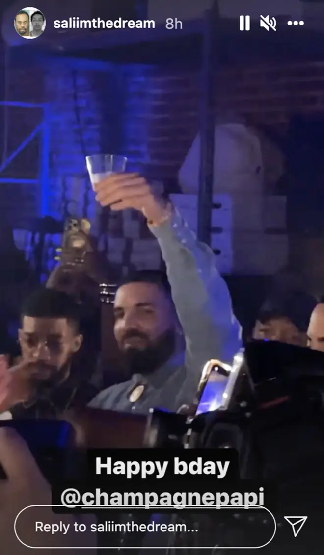 Drake toasts to his 35th birthday at his Narcos-themed party.