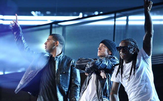 Drake sang the praises of former collaborator Eminem (The pair pictured here with Lil Wayne.)