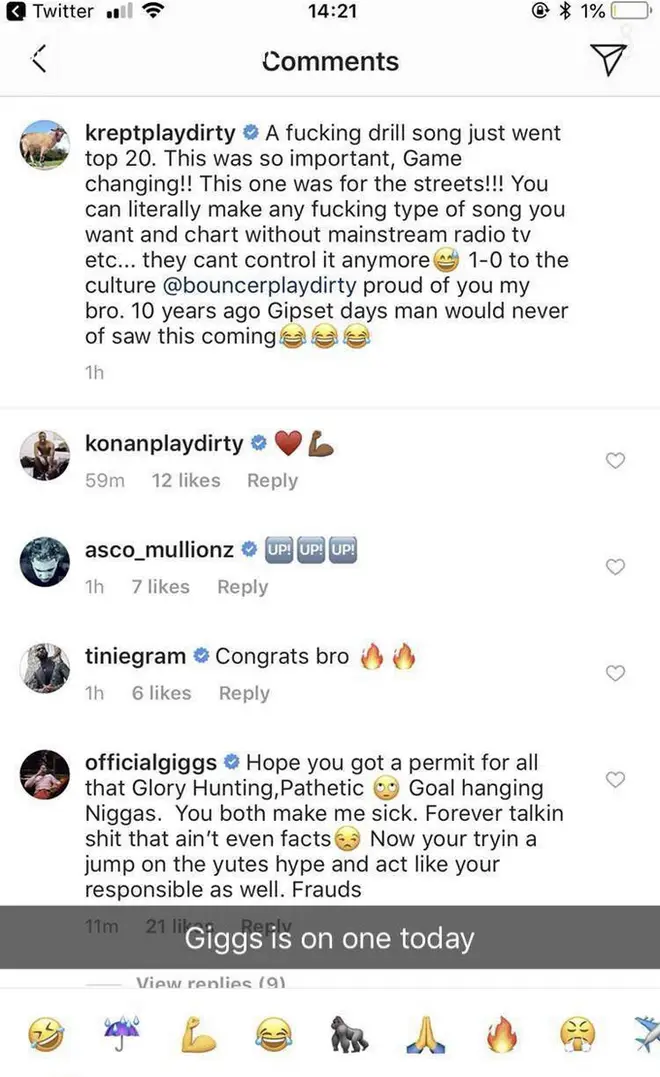 Giggs' comments on Krept's Instagram were widely shared on social media