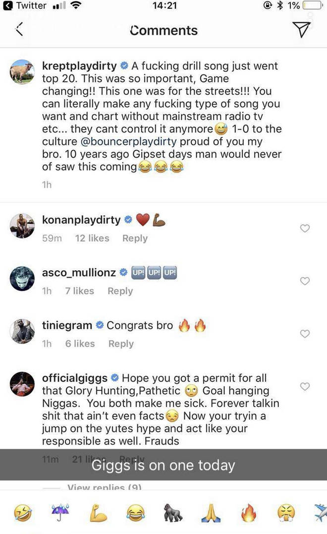 Giggs' comments on Krept's Instagram were widely shared on social media