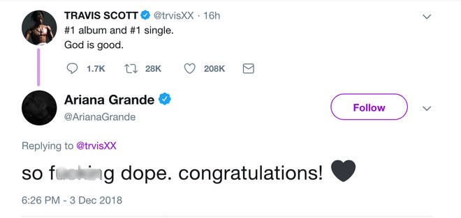 Ariana Grande congratualted Travis Scott on hitting the number one spot