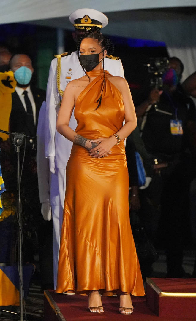 Rihanna attends the Presidential Inauguration Ceremony at Heroes Square on November 30, 2021 in Bridgetown, Barbados.
