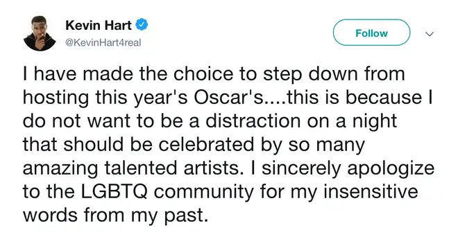 Kevin Hart apologised to the LGBTQ community for historic homophobic tweets