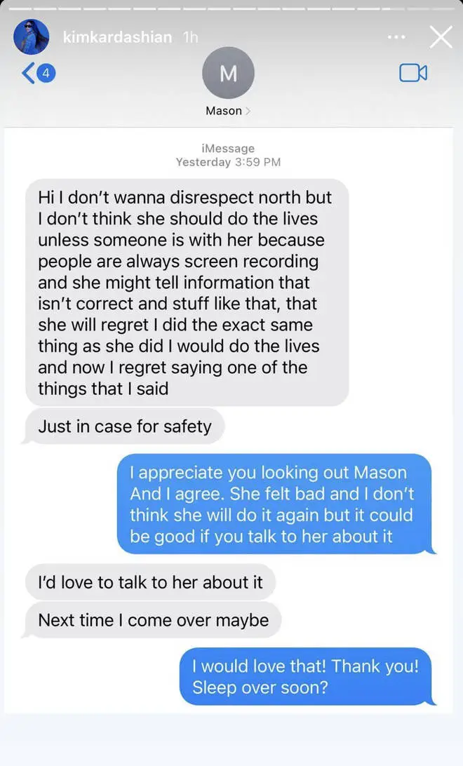 Mason texting Kim about North after she went live on TikTok