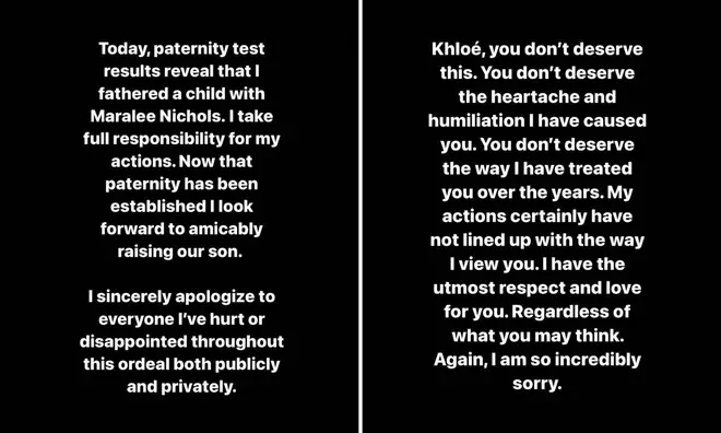 Tristan Thompson shared a statement on his Instagram apologising admitting to being the father of third child and apologises to Khloe Kardashian