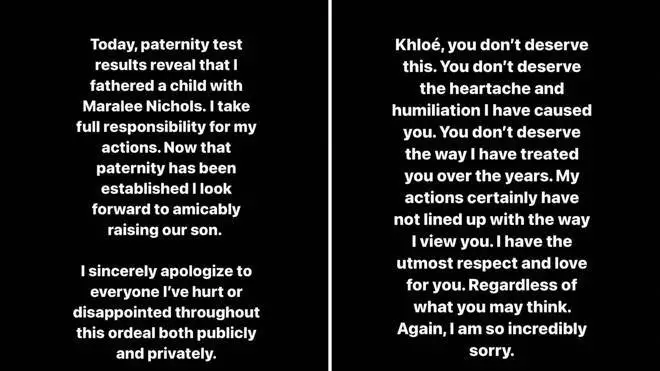 Tristan Thompson shared a statement on his Instagram apologising admitting to being the father of third child and apologises to Khloe