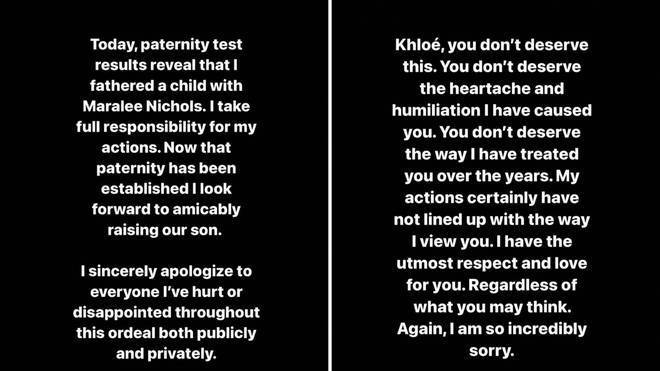 Tristan Thompson shared a statement on his Instagram apologising admitting to being the father of third child and apologises to Khloe