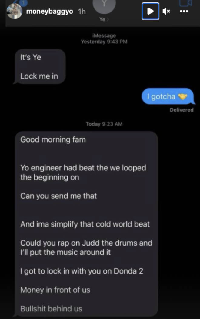 Moneybagg Yo shares a text message from Ye on Instagram