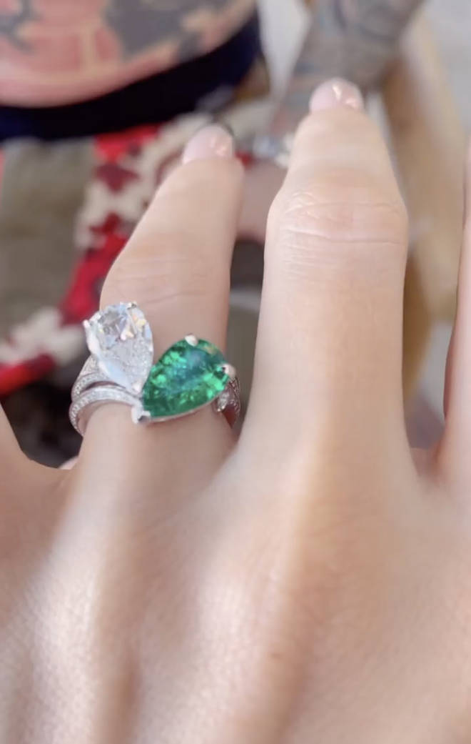 Megan Fox's pear-shaped emerald and diamond engagement ring