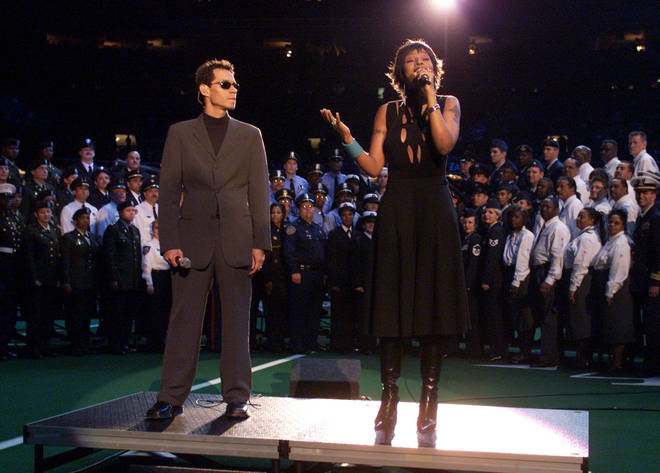 Mary J. Blige performed "America the Beautiful" alongside Marc Anthony at the Super Bowl XXXVI - Pre Game Show