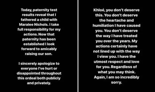 Tristan Thompson apologised to Khloe Kardashian publicly after paternity results revealed he is the father of Nichols child.