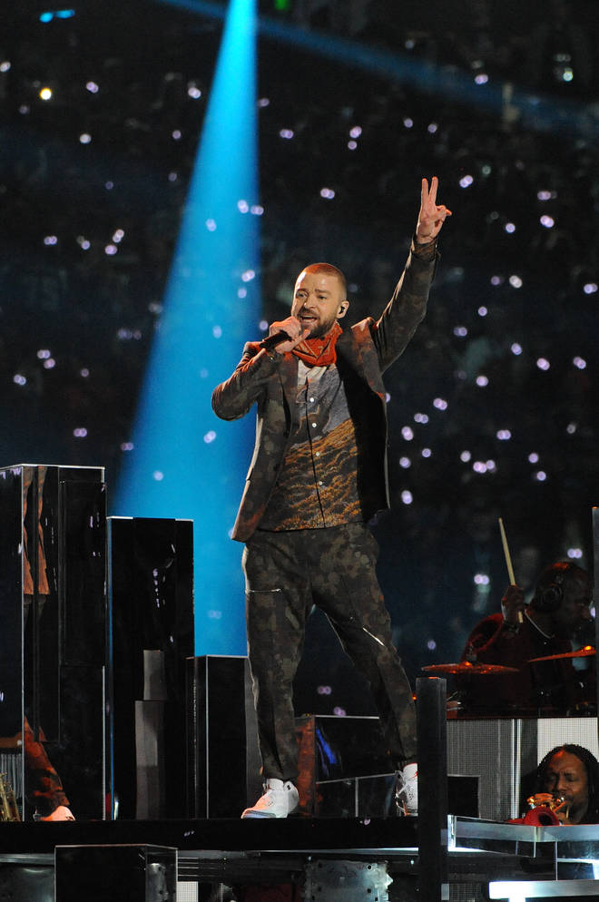 Justin Timberlake performing at the Pepsi Super Bowl LII Halftime Show in 2018