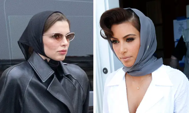 Kim Kardashian and Julia Fox sporting the same headwrap