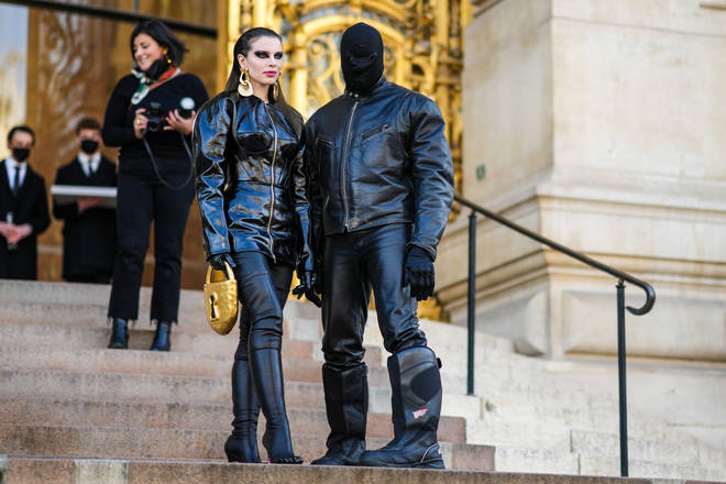 Julia Fox and Ye are seen, outside Schiaparelli, during Paris Fashion Week on January 24, 2022.